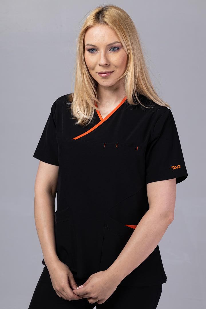 Costum Medical Premium de dama TAG Onyx | Uniforma Medicala Poly Spandex | Negru cu paspoal Orange