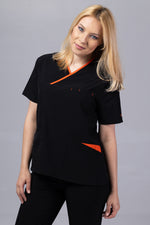 Încărcați imaginea în vizualizatorul Galerie, Costum Medical Premium de dama TAG Onyx | Uniforma Medicala Poly Spandex | Negru cu paspoal Orange