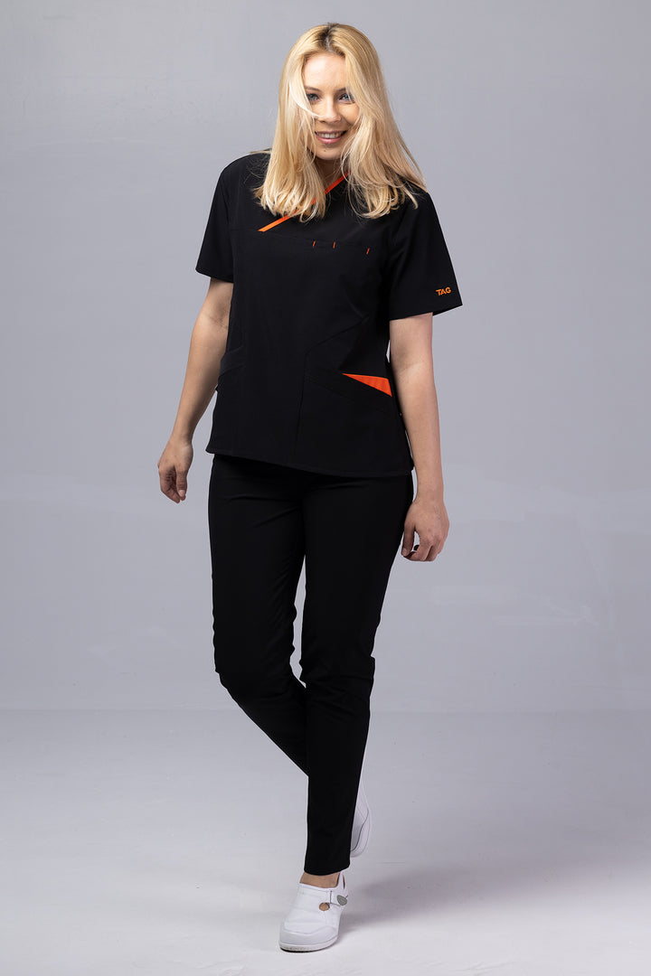 Costum Medical Premium de dama TAG Onyx | Uniforma Medicala Poly Spandex | Negru cu paspoal Orange