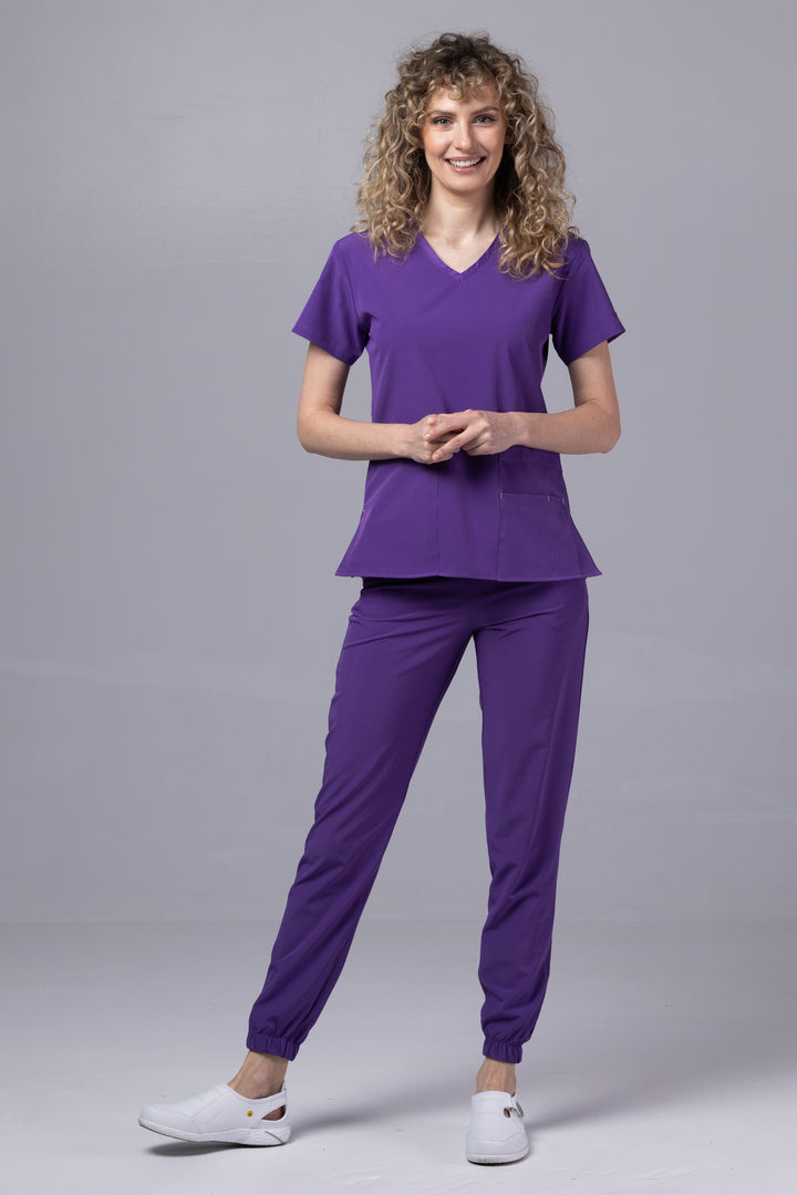 Costum Medical Premium TAG EVA | Uniforma Dama Poly Spandex | Velvet