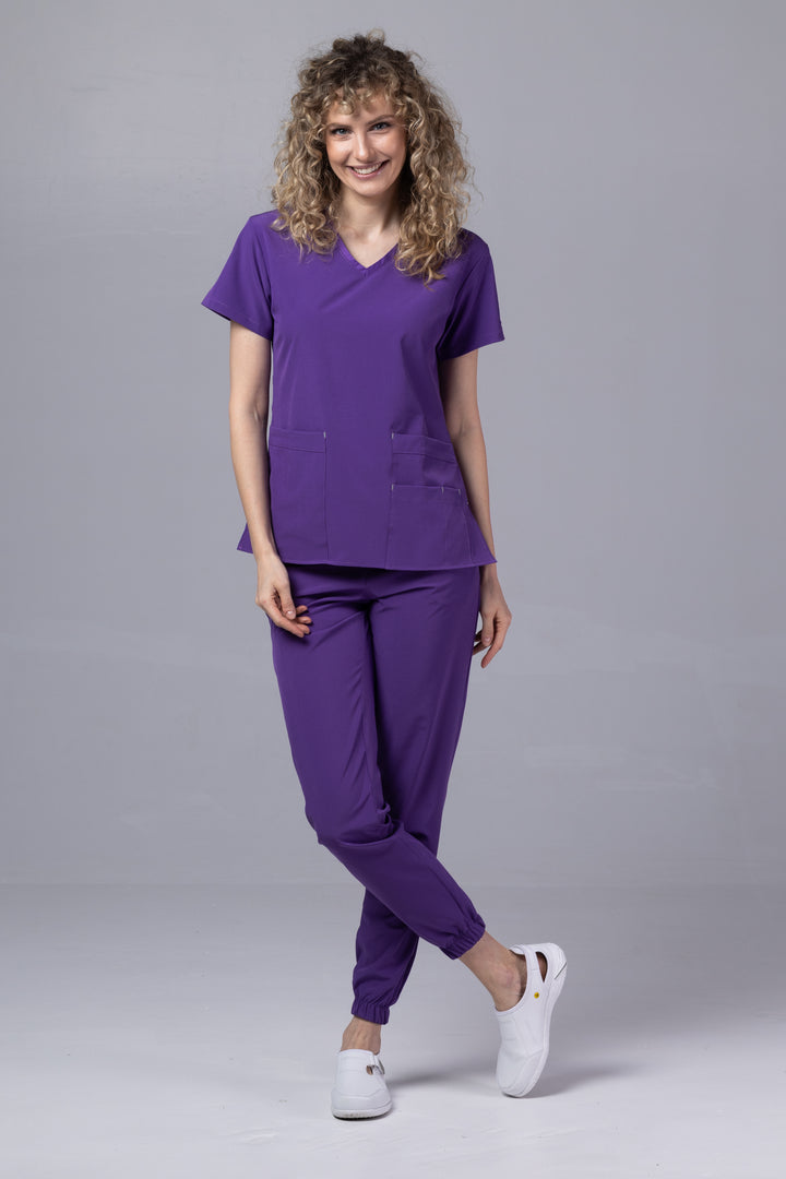 Costum Medical Premium TAG EVA | Uniforma Dama Poly Spandex | Velvet