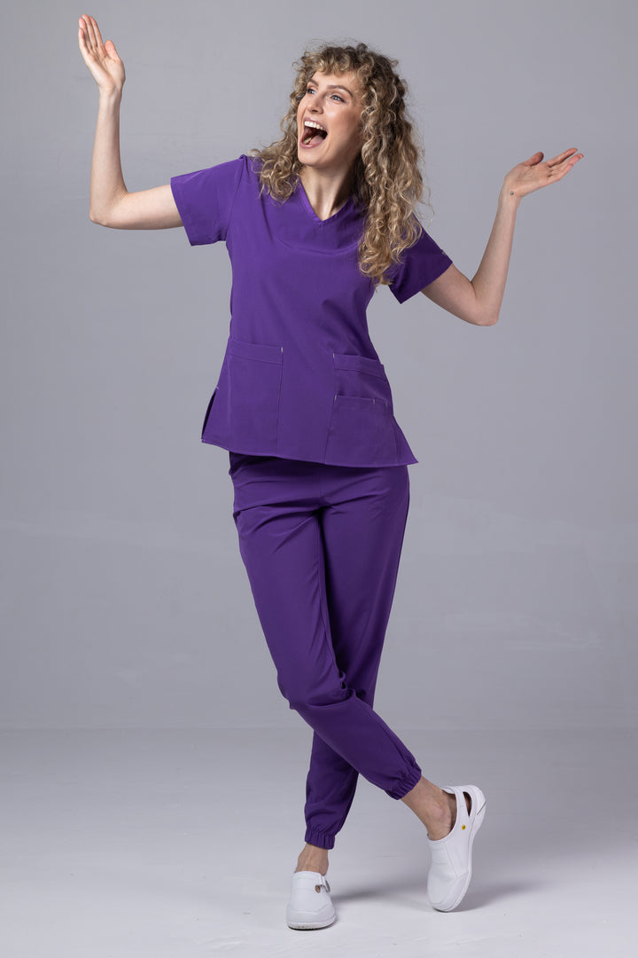 Costum Medical Premium TAG EVA | Uniforma Dama Poly Spandex | Velvet