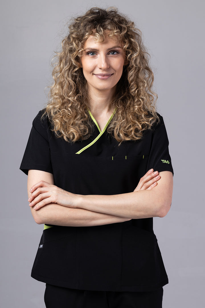 Costum Medical Premium de dama TAG Onyx | Uniforma Medicala Poly Spandex | Negru cu paspoal Green Apple