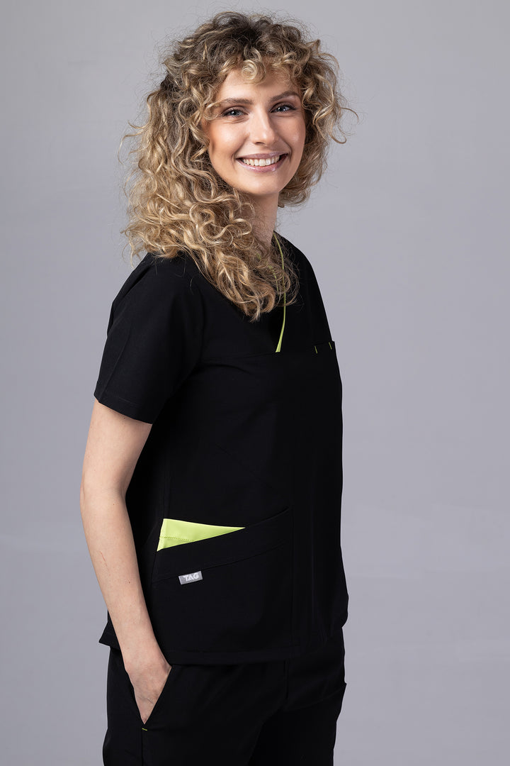 Costum Medical Premium de dama TAG Onyx | Uniforma Medicala Poly Spandex | Negru cu paspoal Green Apple