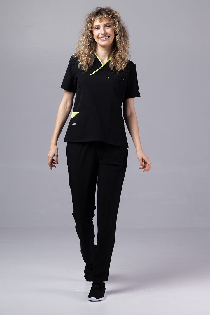 Costum Medical Premium de dama TAG Onyx | Uniforma Medicala Poly Spandex | Negru cu paspoal Green Apple
