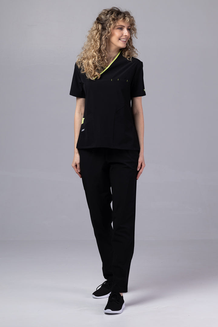 Costum Medical Premium de dama TAG Onyx | Uniforma Medicala Poly Spandex | Negru cu paspoal Green Apple
