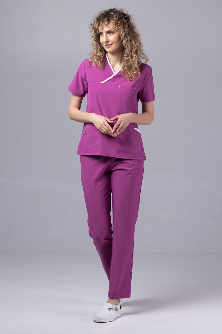 Costum Medical Premium de dama TAG Onyx | Uniforma Medicala Poly Spandex | Mov cu paspoal Alb