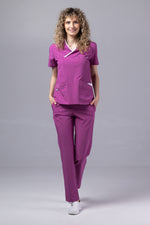 Încărcați imaginea în vizualizatorul Galerie, Costum Medical Premium de dama TAG Onyx | Uniforma Medicala Poly Spandex | Mov cu paspoal Alb