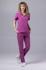 Încărcați imaginea în vizualizatorul Galerie, Costum Medical Premium de dama TAG Onyx | Uniforma Medicala Poly Spandex | Mov cu paspoal Alb
