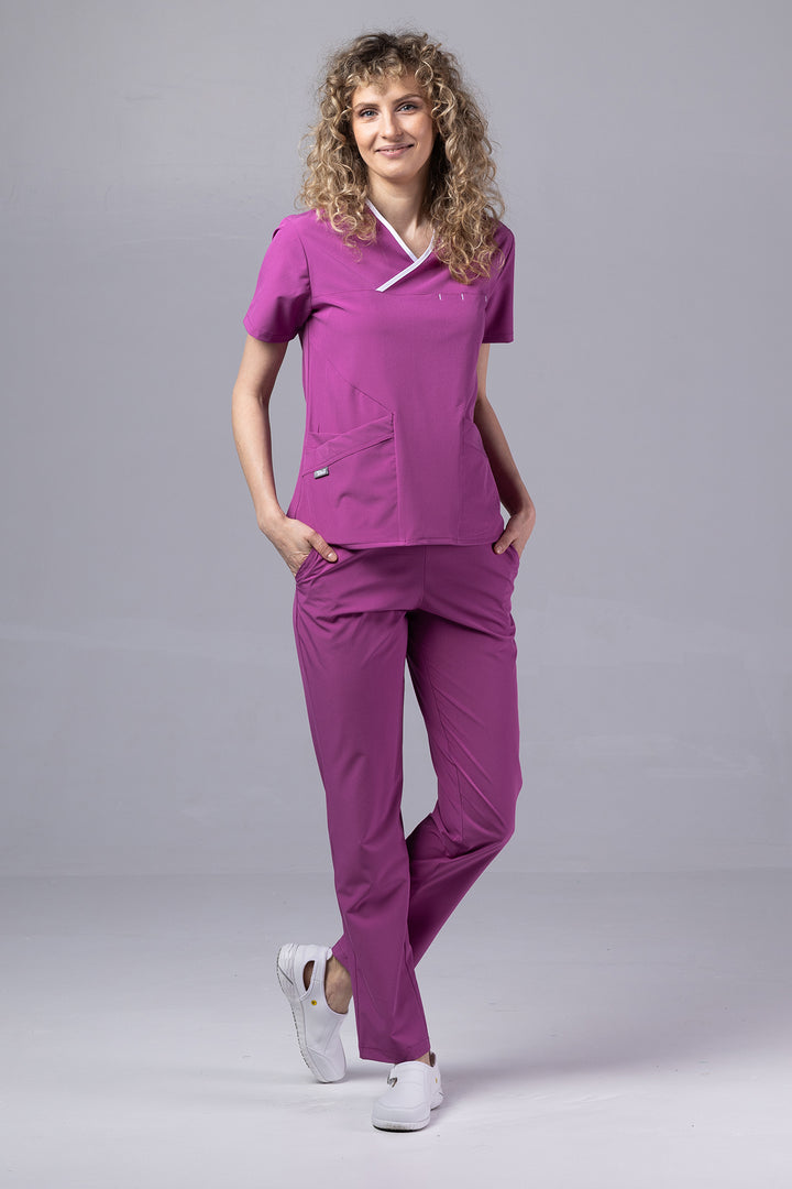Costum Medical Premium de dama TAG Onyx | Uniforma Medicala Poly Spandex | Mov cu paspoal Alb