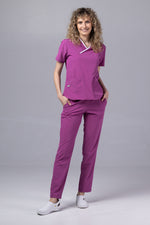 Încărcați imaginea în vizualizatorul Galerie, Costum Medical Premium de dama TAG Onyx | Uniforma Medicala Poly Spandex | Mov cu paspoal Alb