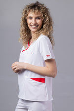Încărcați imaginea în vizualizatorul Galerie, Costum Medical Premium de dama TAG Onyx | Uniforma Medicala Poly Spandex | Alb cu paspoal Rosu