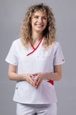 Încărcați imaginea în vizualizatorul Galerie, Costum Medical Premium de dama TAG Onyx | Uniforma Medicala Poly Spandex | Alb cu paspoal Rosu