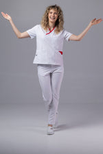 Încărcați imaginea în vizualizatorul Galerie, Costum Medical Premium de dama TAG Onyx | Uniforma Medicala Poly Spandex | Alb cu paspoal Rosu