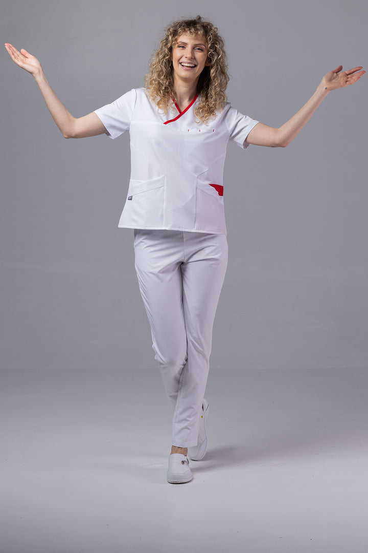 Costum Medical Premium de dama TAG Onyx | Uniforma Medicala Poly Spandex | Alb cu paspoal Rosu
