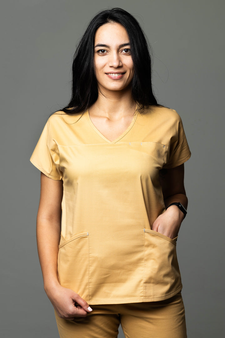 Costum Medical Premium TAG Ambra | Uniforma Medicala Feminina Cotton Stretch | Auriu