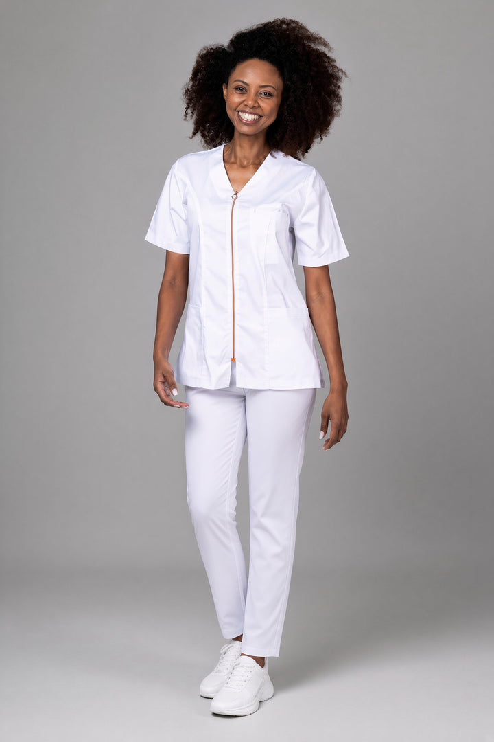 Costum Medical Premium TAG ZIP Confort | Uniforma Medicala Femei Bumbac | Alb