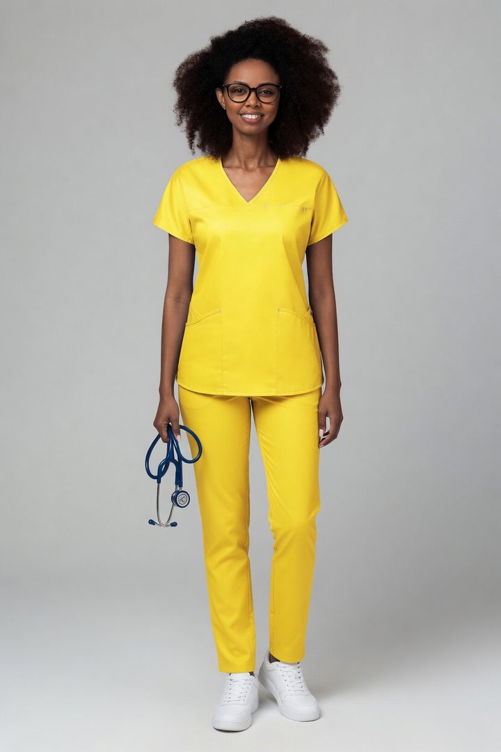 Costum Medical Premium TAG Ambra | Uniforma Medicala Feminina Cotton Stretch | Galben