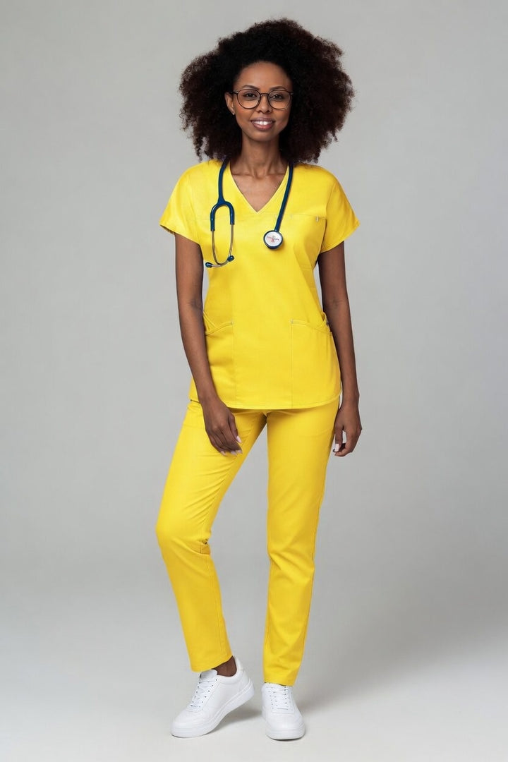 Costum Medical Premium TAG Ambra | Uniforma Medicala Feminina Cotton Stretch | Galben